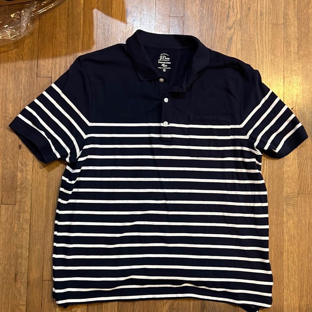 J Crew Polo Navy Blue Striped XL